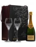 A bottle of Krug Grande Cuve Champagne & 2 Flutes Gift Pack
