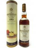 A bottle of Macallan Single Highland Malt Scotch 1982 18 Year Old