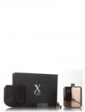 A bottle of X Flasks - Rose Gold Flask with Brown Leather Pouch